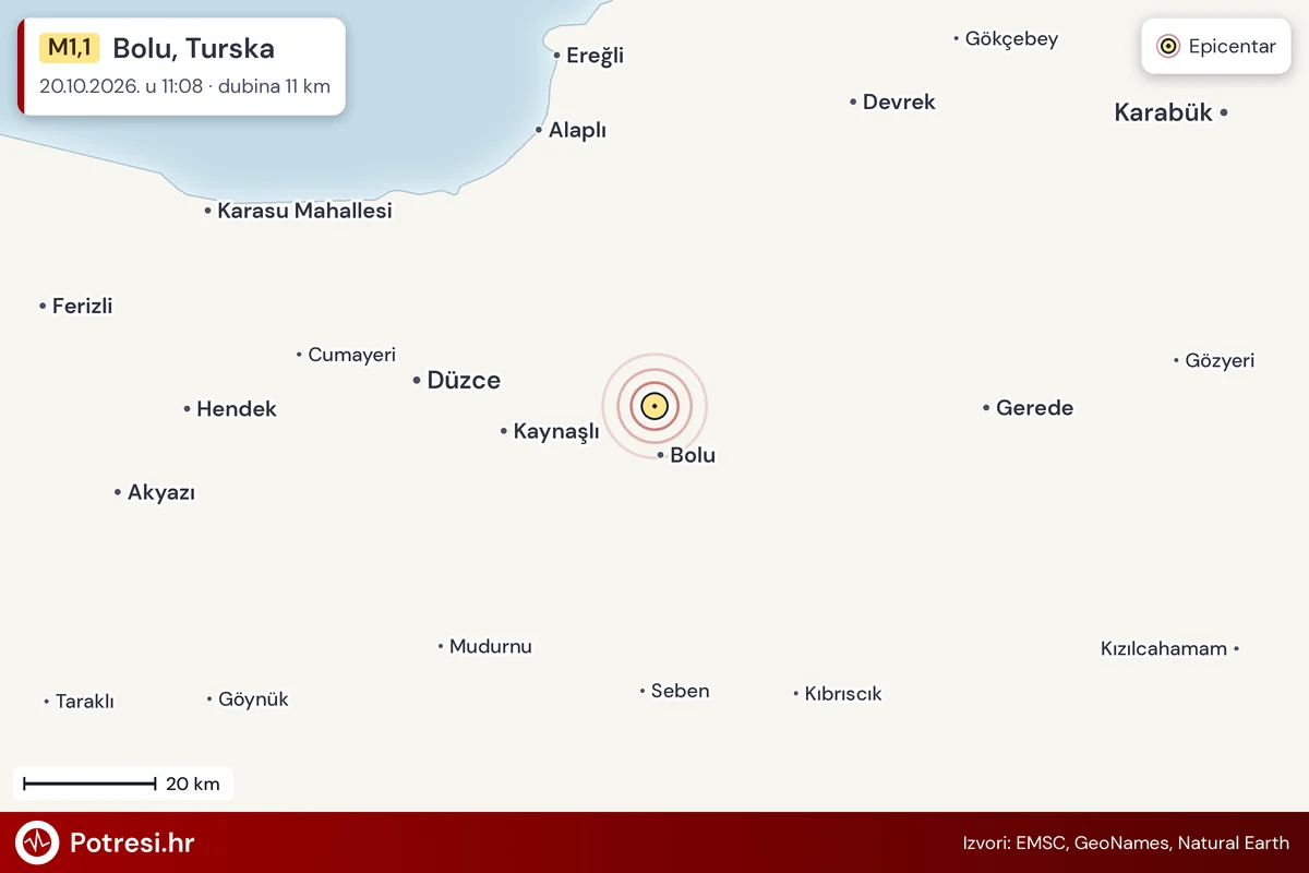 Karta: šire područje i vjerojatni doseg osjeta, potres M1,1, Bolu, Turska, 20.10.2026.