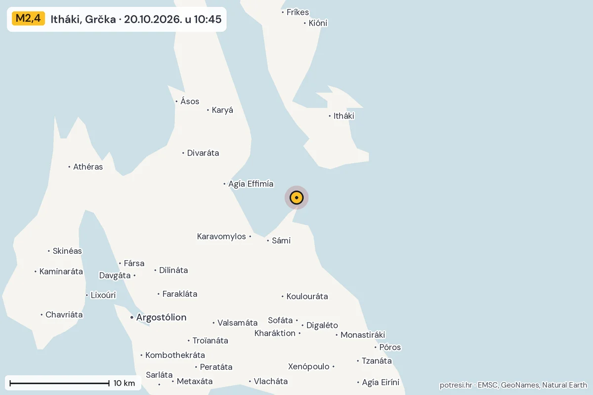 Karta: okolica epicentra, 60 km, potres M2,4, Itháki, Grčka, 20.10.2026.
