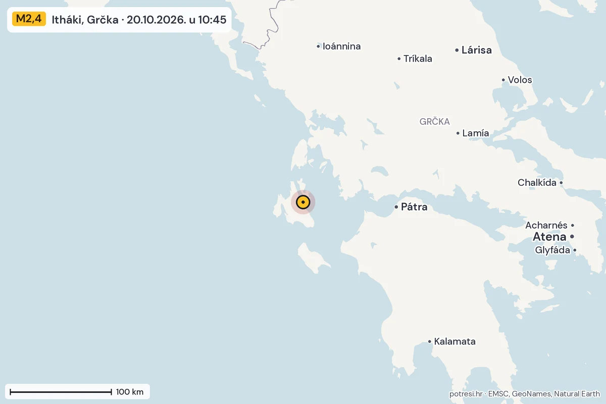 Karta: šire područje, 600 km, potres M2,4, Itháki, Grčka, 20.10.2026.