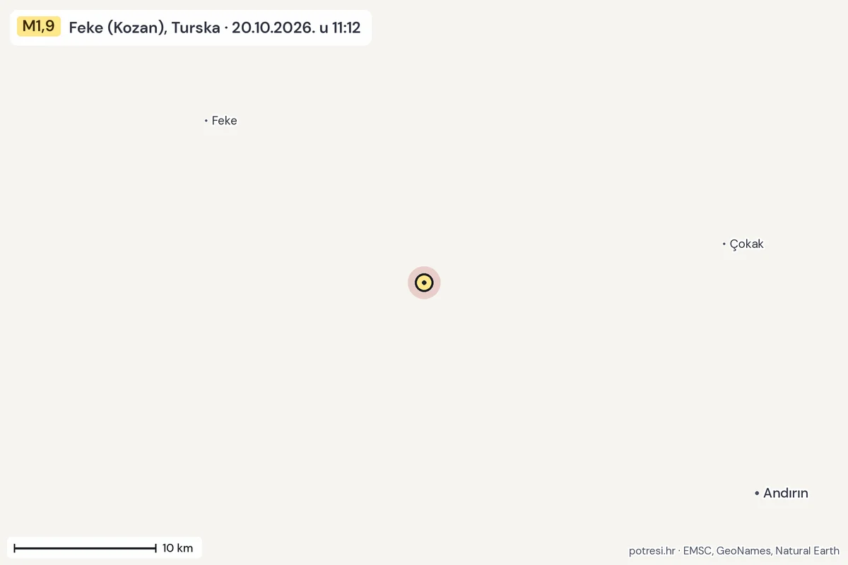 Karta: okolica epicentra, 60 km, potres M1,9, Feke (Kozan), Turska, 20.10.2026.
