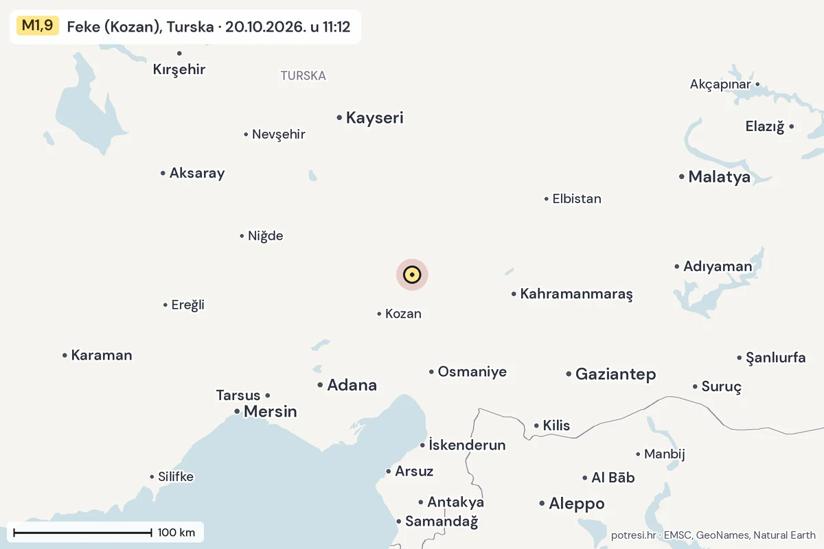 Karta: šire područje, 600 km, potres M1,9, Feke (Kozan), Turska, 20.10.2026.