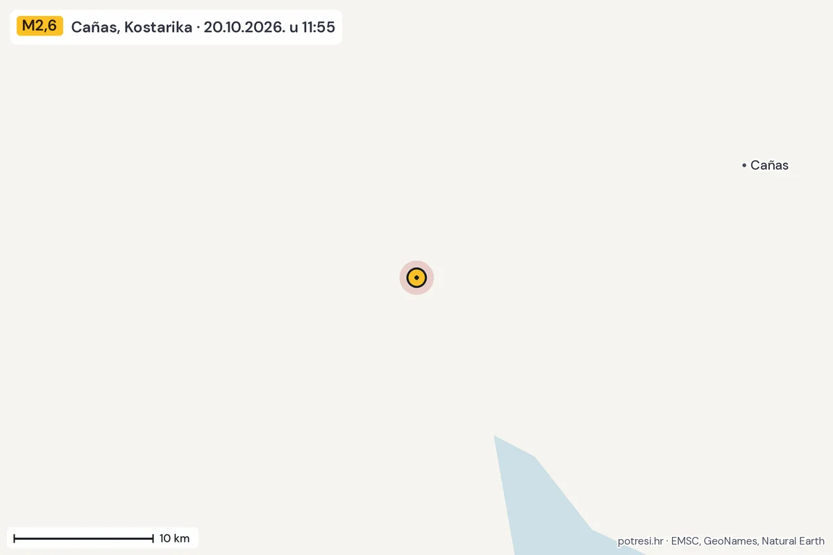 Karta: okolica epicentra, 60 km, potres M2,6, Cañas, Kostarika, 20.10.2026.