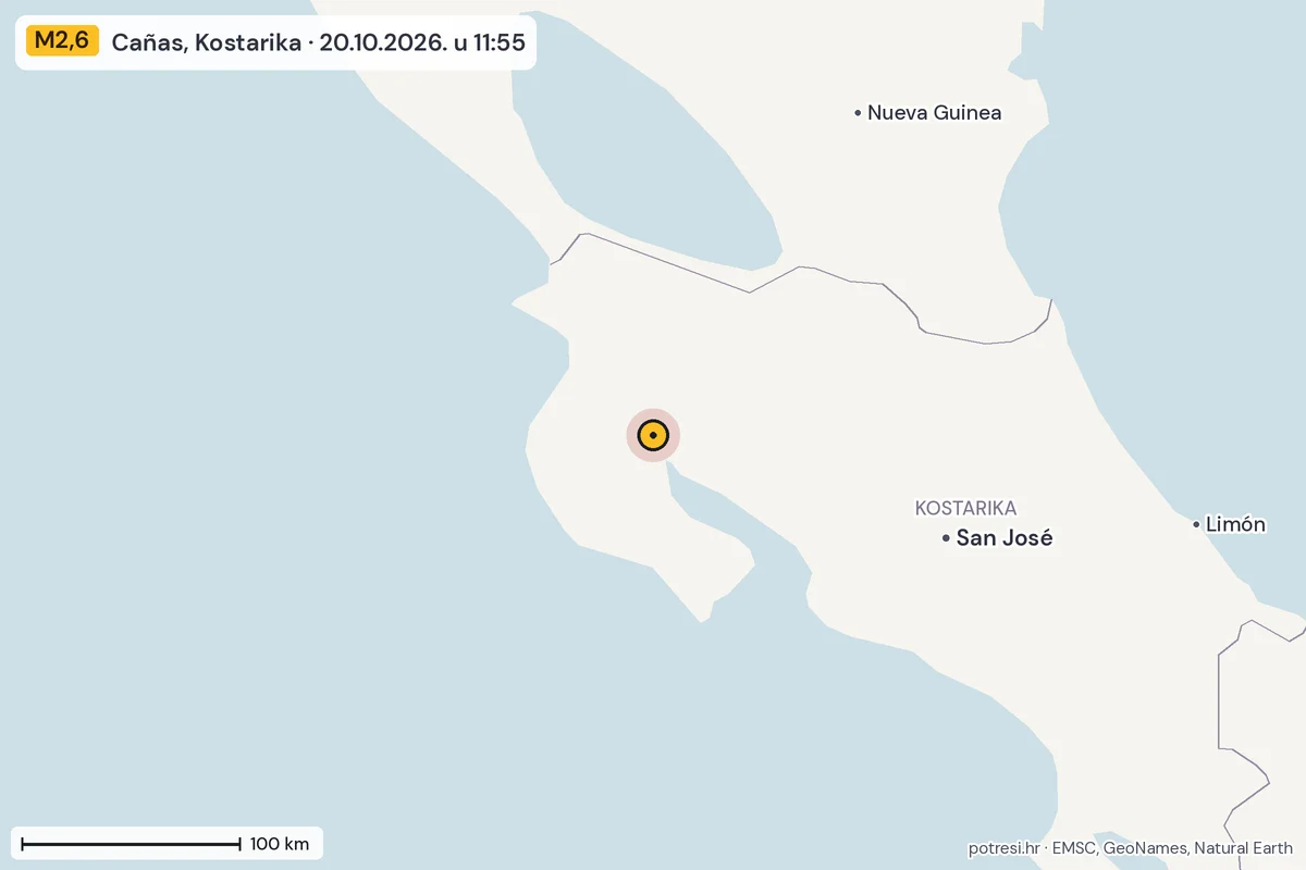 Karta: šire područje, 600 km, potres M2,6, Cañas, Kostarika, 20.10.2026.
