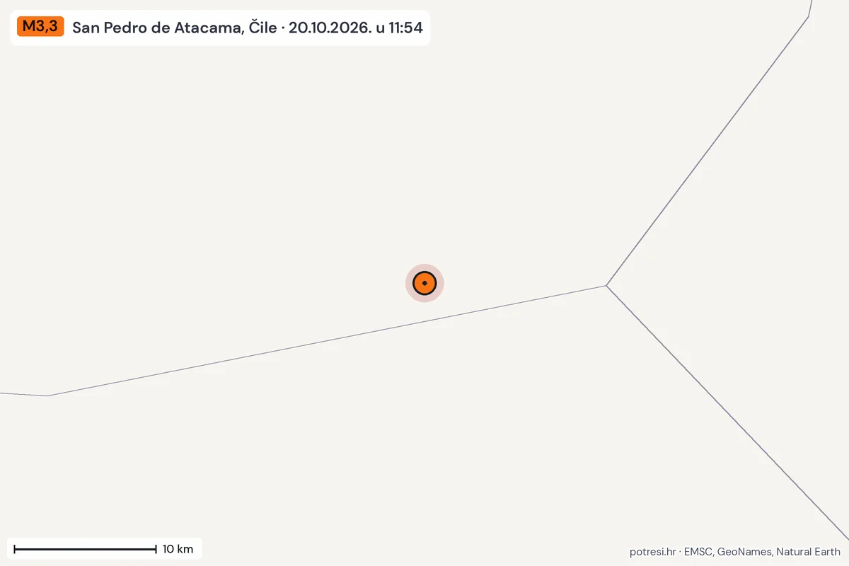 Karta: okolica epicentra, 60 km, potres M3,3, San Pedro de Atacama, Čile, 20.10.2026.