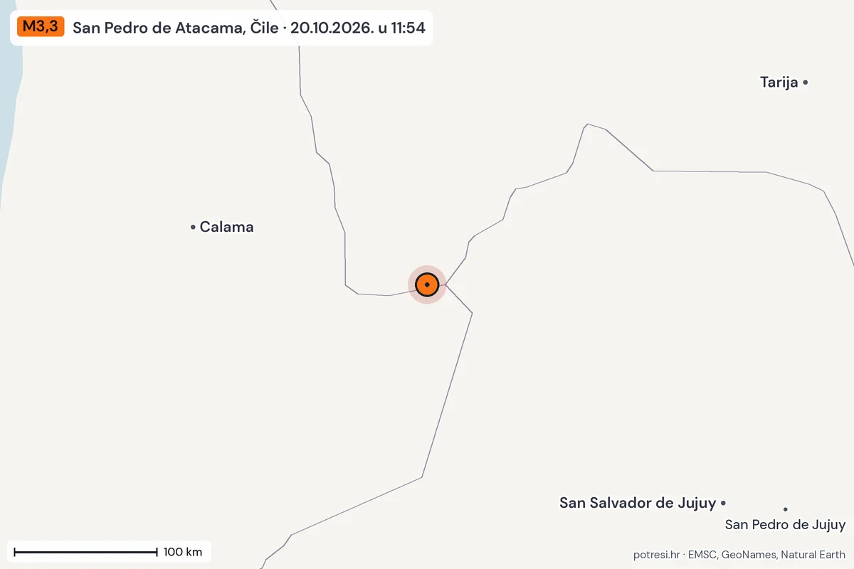 Karta: šire područje, 600 km, potres M3,3, San Pedro de Atacama, Čile, 20.10.2026.