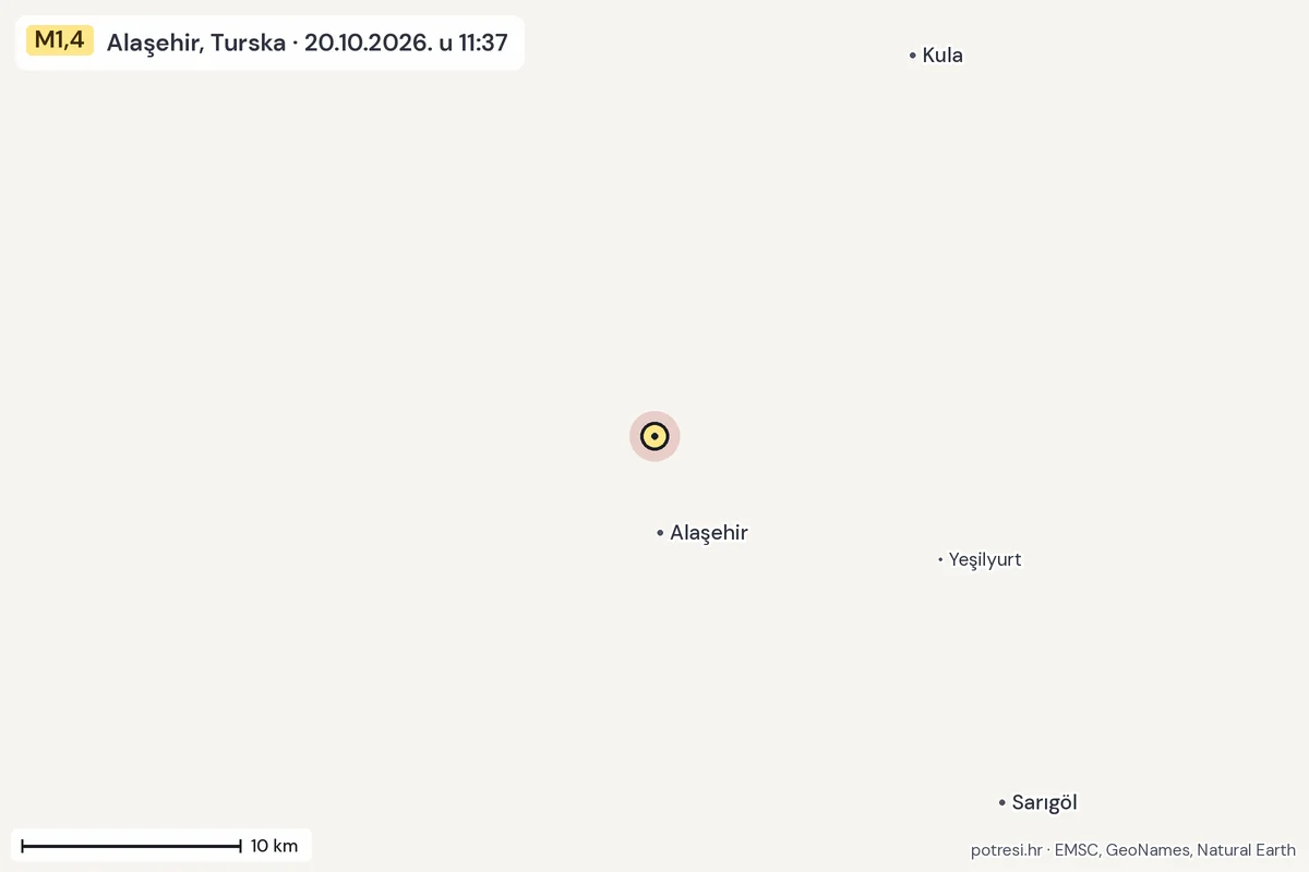Karta: okolica epicentra, 60 km, potres M1,4, Alaşehir, Turska, 20.10.2026.