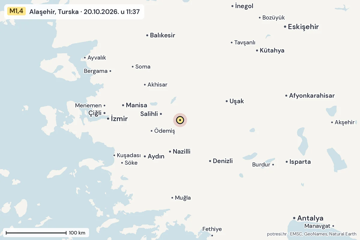 Karta: šire područje, 600 km, potres M1,4, Alaşehir, Turska, 20.10.2026.
