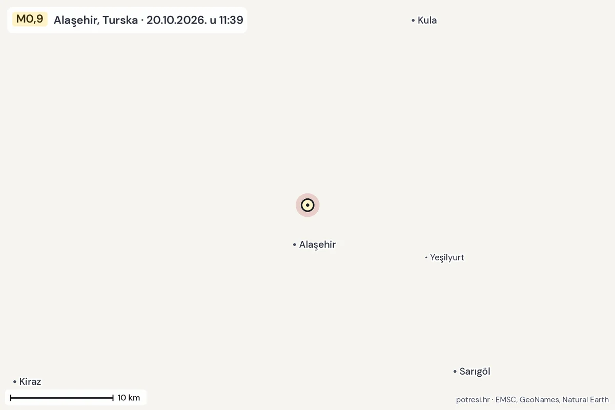 Karta: okolica epicentra, 60 km, potres M0,9, Alaşehir, Turska, 20.10.2026.