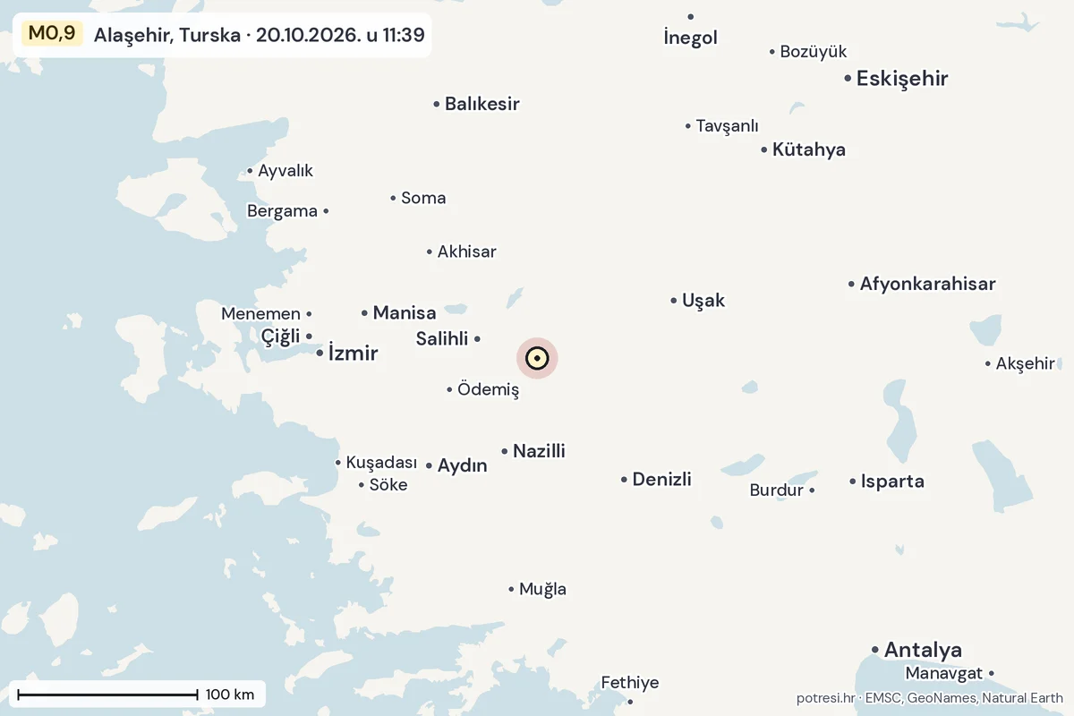 Karta: šire područje, 600 km, potres M0,9, Alaşehir, Turska, 20.10.2026.