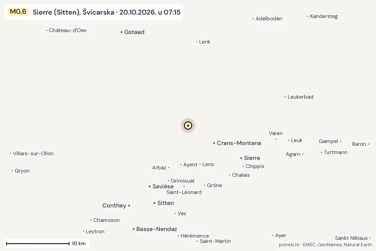Karta: okolica epicentra, 60 km, potres M0,6, Sierre (Sitten), Švicarska, 20.10.2026.
