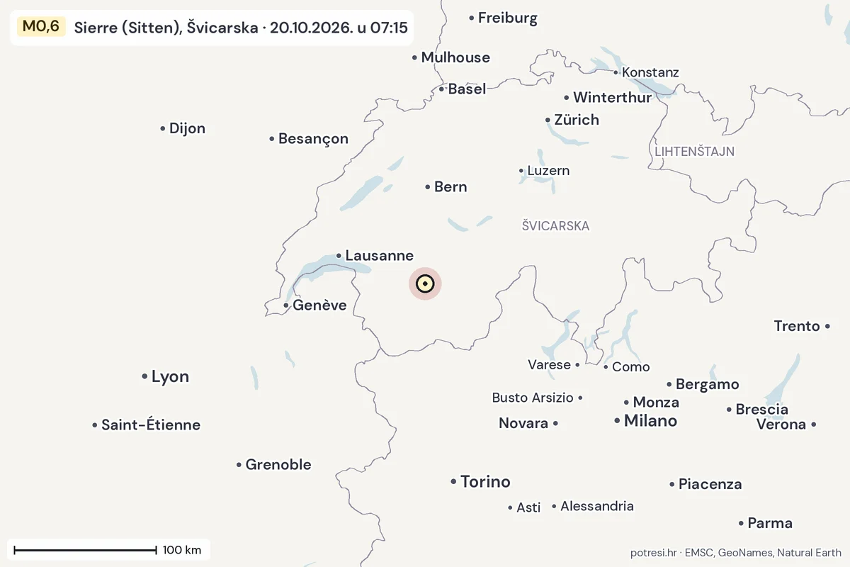 Karta: šire područje, 600 km, potres M0,6, Sierre (Sitten), Švicarska, 20.10.2026.