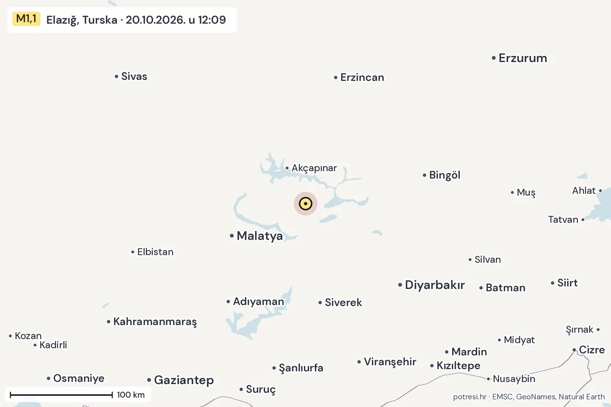 Karta: šire područje, 600 km, potres M1,1, Elazığ, Turska, 20.10.2026.