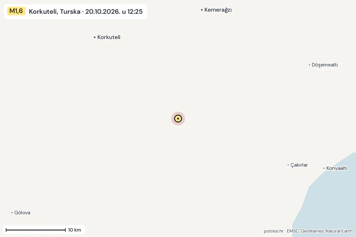 Karta: okolica epicentra, 60 km, potres M1,6, Korkuteli, Turska, 20.10.2026.