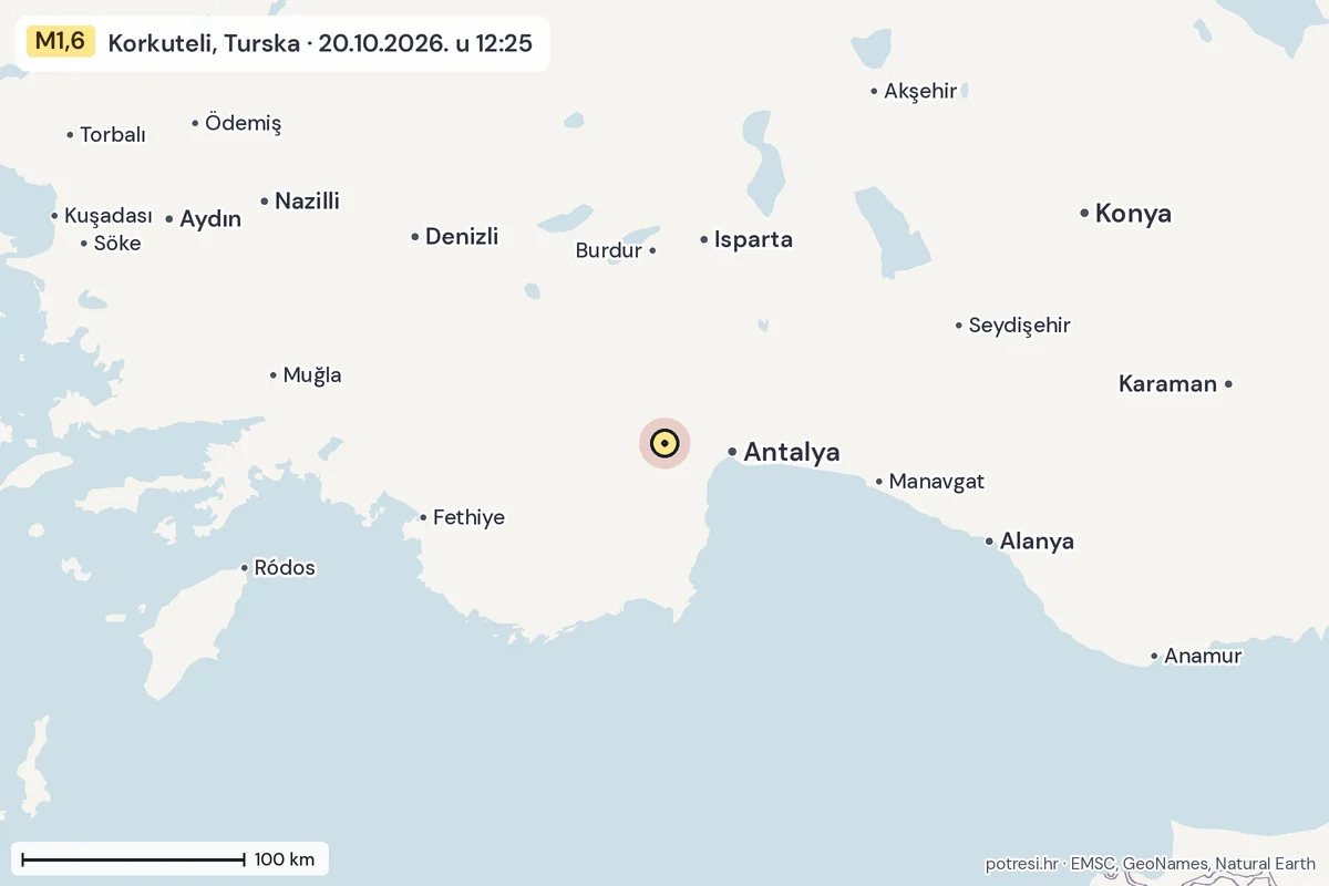 Karta: šire područje, 600 km, potres M1,6, Korkuteli, Turska, 20.10.2026.