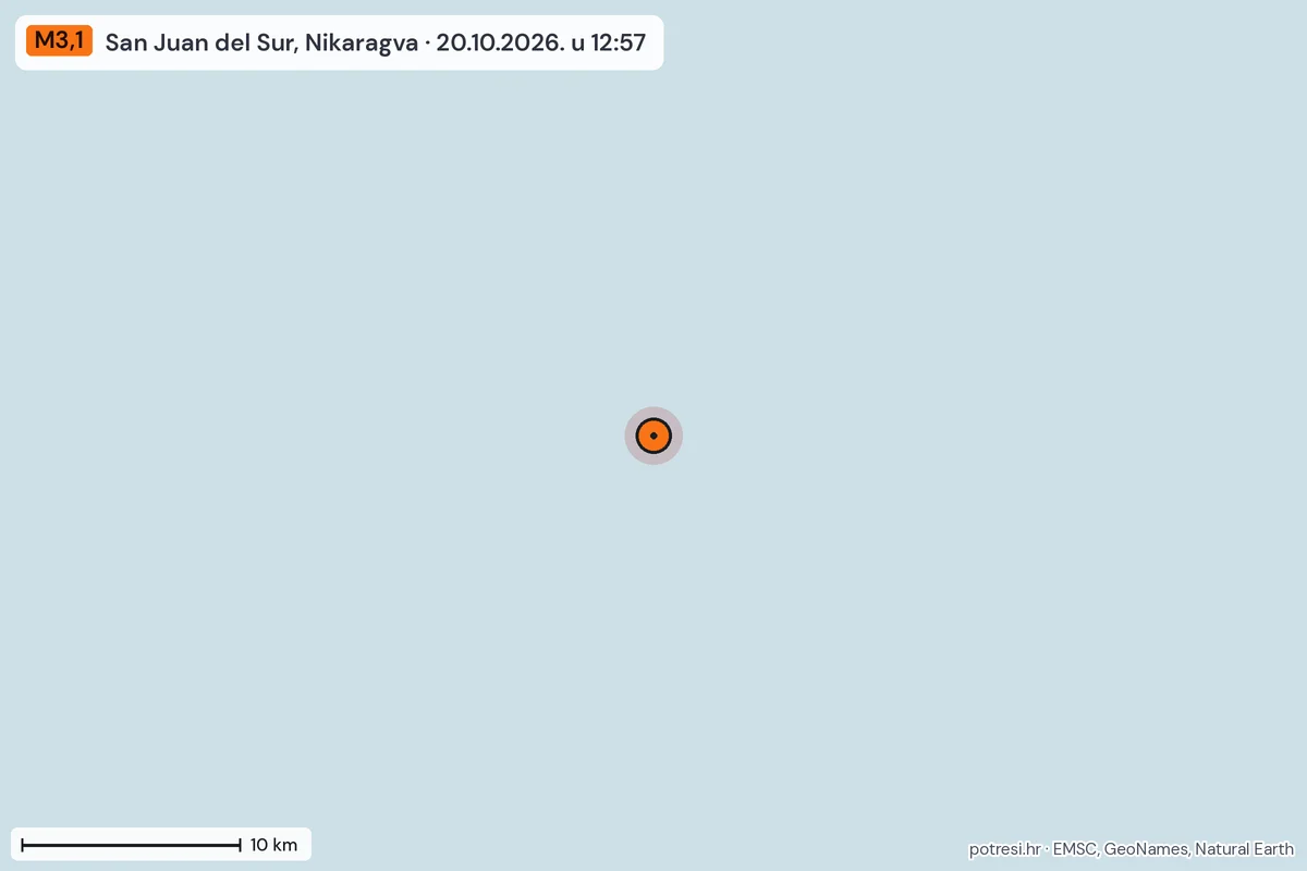 Karta: okolica epicentra, 60 km, potres M3,1, San Juan del Sur, Nikaragva, 20.10.2026.