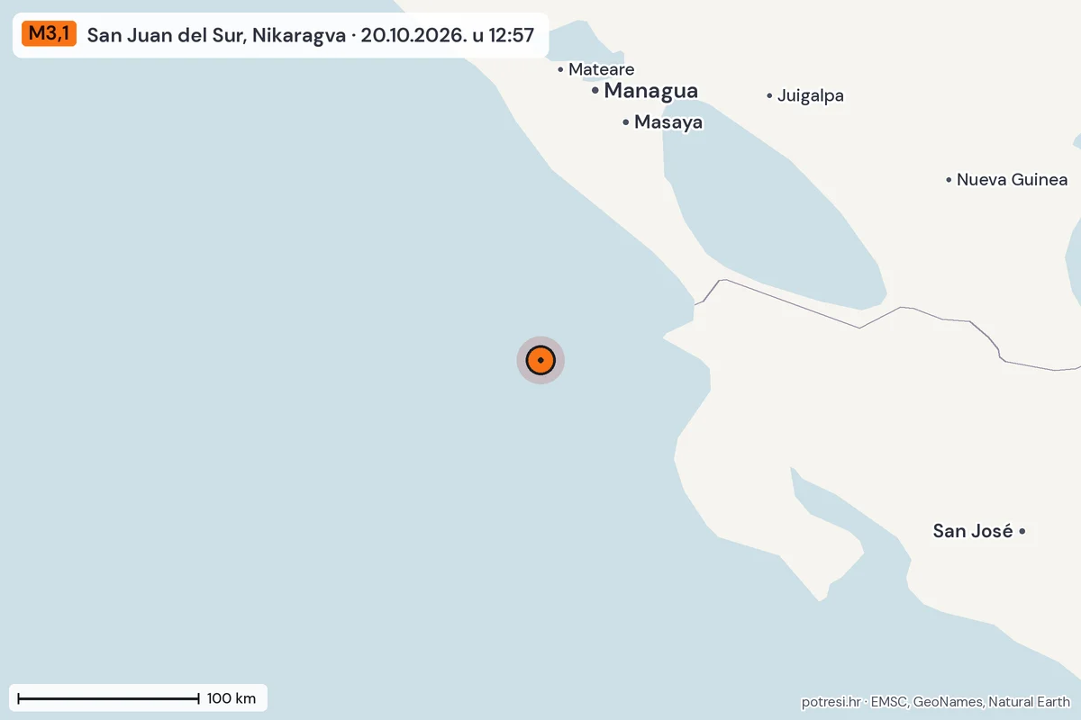 Karta: šire područje, 600 km, potres M3,1, San Juan del Sur, Nikaragva, 20.10.2026.