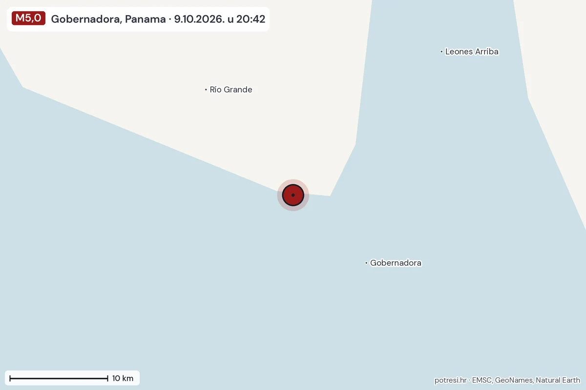 Karta: okolica epicentra, 60 km, potres M5,0, Gobernadora, Panama, 9.10.2026.