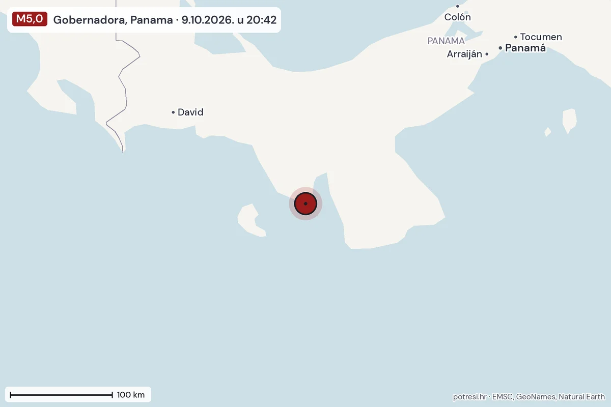 Karta: šire područje, 600 km, potres M5,0, Gobernadora, Panama, 9.10.2026.