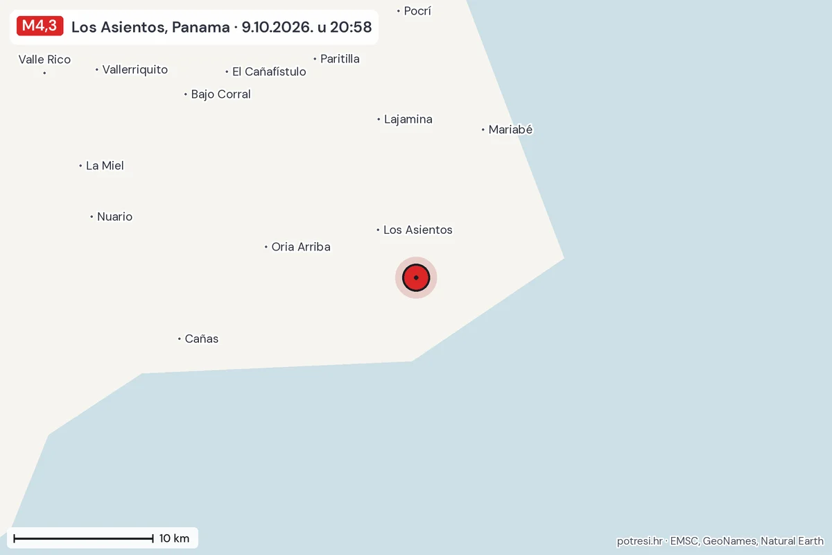 Karta: okolica epicentra, 60 km, potres M4,3, Los Asientos, Panama, 9.10.2026.