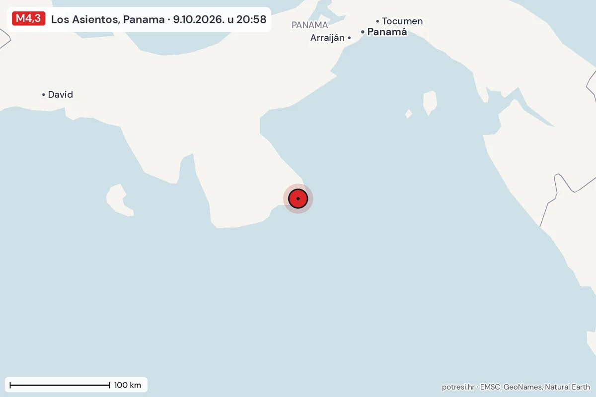 Karta: šire područje, 600 km, potres M4,3, Los Asientos, Panama, 9.10.2026.