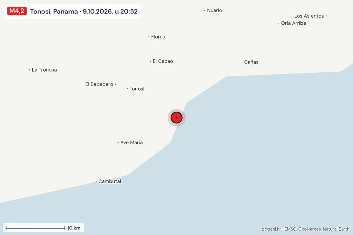 Karta: okolica epicentra, 60 km, potres M4,2, Tonosí, Panama, 9.10.2026.