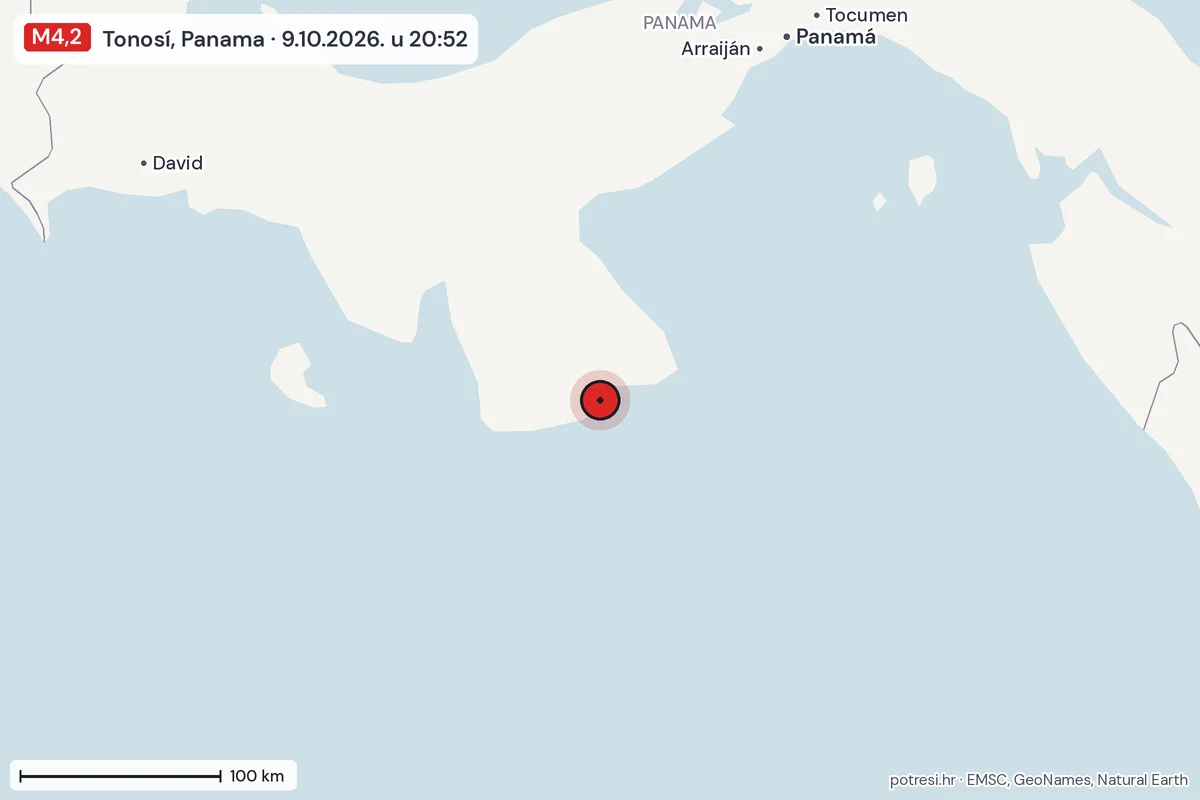 Karta: šire područje, 600 km, potres M4,2, Tonosí, Panama, 9.10.2026.