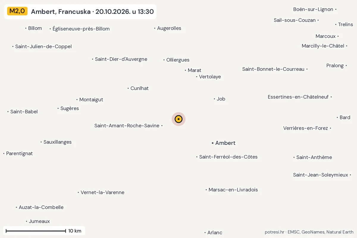 Karta: okolica epicentra, 60 km, potres M2,0, Ambert, Francuska, 20.10.2026.