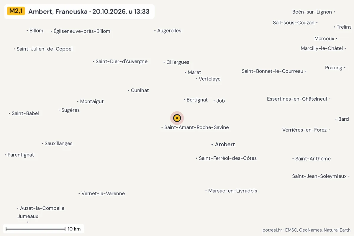 Karta: okolica epicentra, 60 km, potres M2,1, Ambert, Francuska, 20.10.2026.