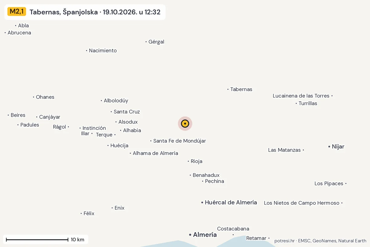 Karta: okolica epicentra, 60 km, potres M2,1, Tabernas, Španjolska, 19.10.2026.