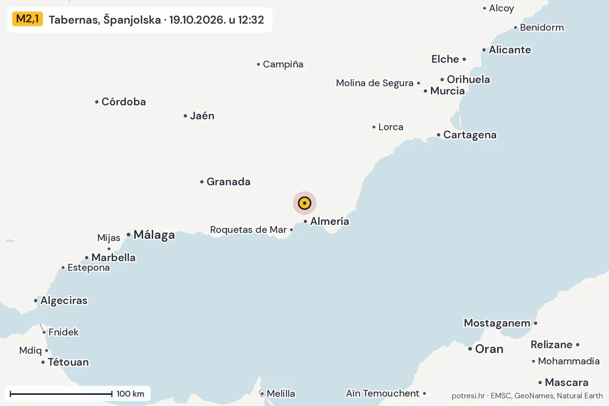Karta: šire područje, 600 km, potres M2,1, Tabernas, Španjolska, 19.10.2026.