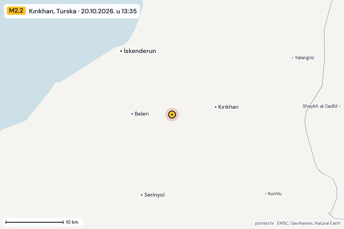 Karta: okolica epicentra, 60 km, potres M2,2, Kırıkhan, Turska, 20.10.2026.