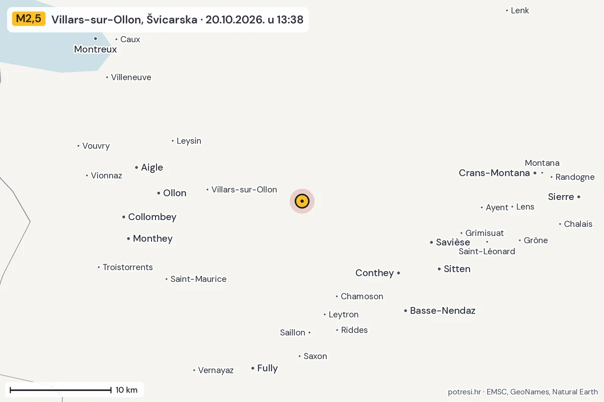Karta: okolica epicentra, 60 km, potres M2,5, Villars-sur-Ollon, Švicarska, 20.10.2026.