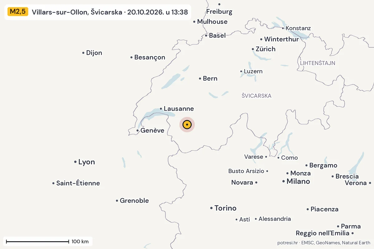 Karta: šire područje, 600 km, potres M2,5, Villars-sur-Ollon, Švicarska, 20.10.2026.