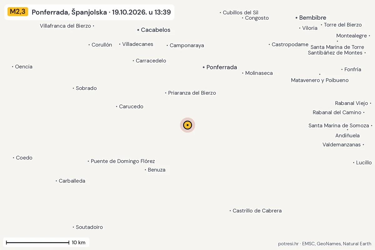 Karta: okolica epicentra, 60 km, potres M2,3, Ponferrada, Španjolska, 19.10.2026.
