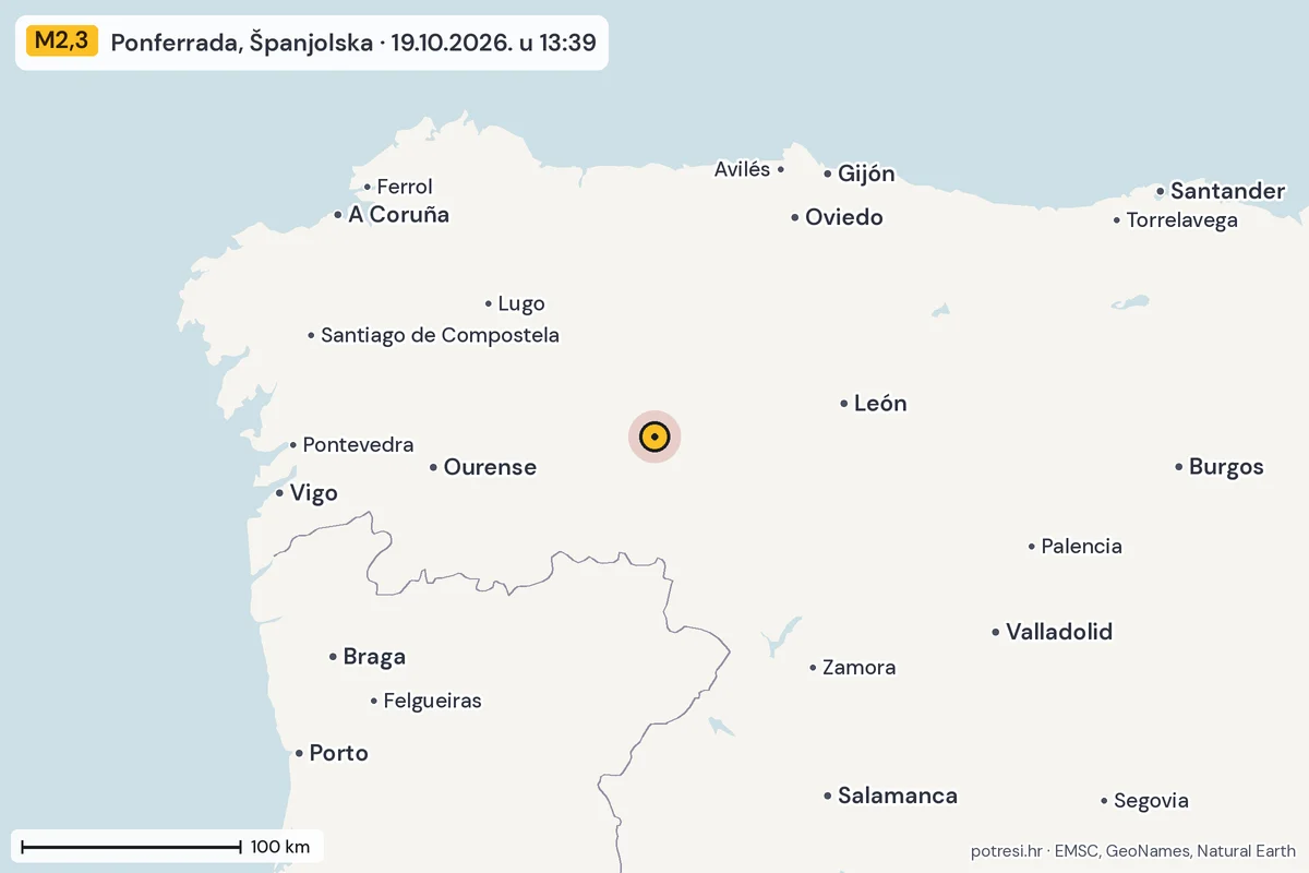 Karta: šire područje, 600 km, potres M2,3, Ponferrada, Španjolska, 19.10.2026.