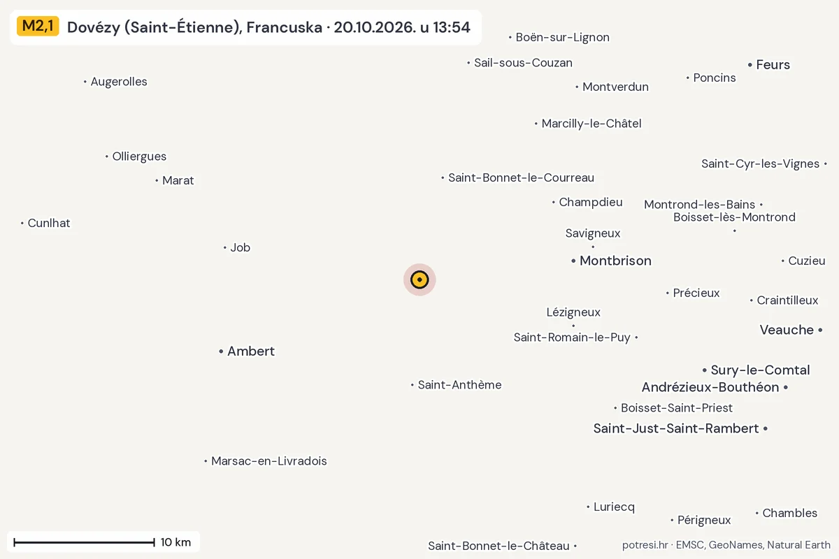 Karta: okolica epicentra, 60 km, potres M2,1, Dovézy (Saint-Étienne), Francuska, 20.10.2026.
