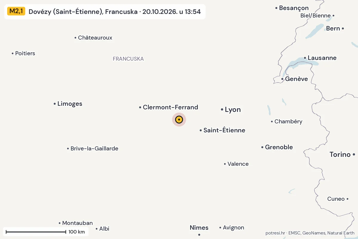Karta: šire područje, 600 km, potres M2,1, Dovézy (Saint-Étienne), Francuska, 20.10.2026.