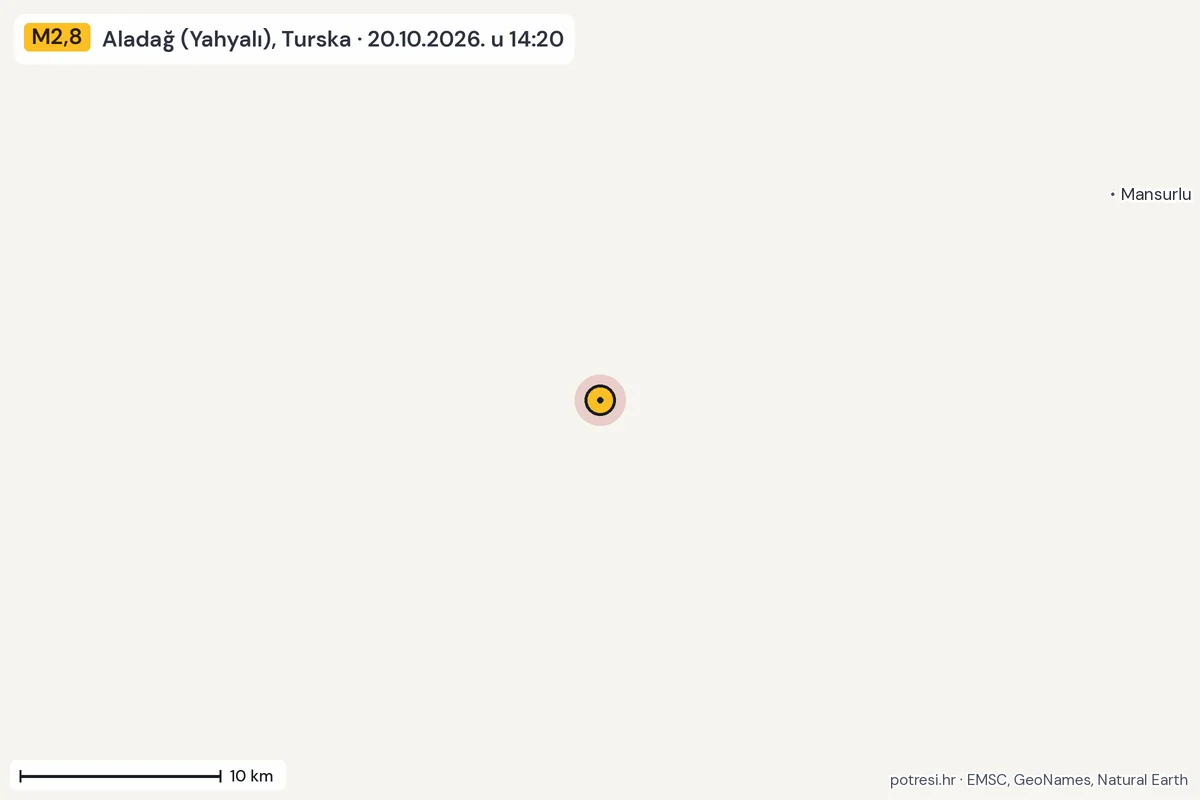 Karta: okolica epicentra, 60 km, potres M2,8, Aladağ (Yahyalı), Turska, 20.10.2026.