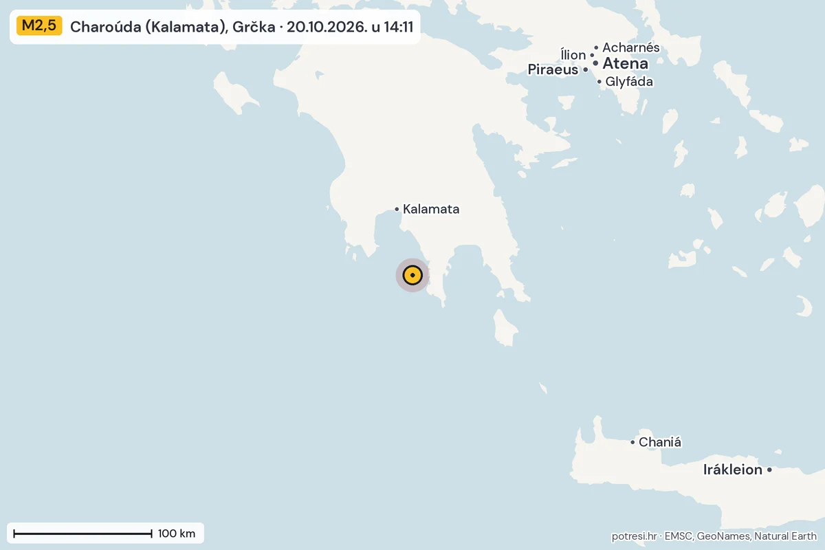 Karta: šire područje, 600 km, potres M2,5, Charoúda (Kalamata), Grčka, 20.10.2026.