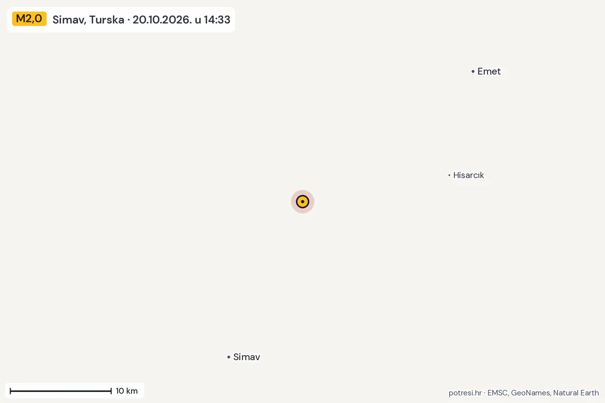 Karta: okolica epicentra, 60 km, potres M2,0, Simav, Turska, 20.10.2026.