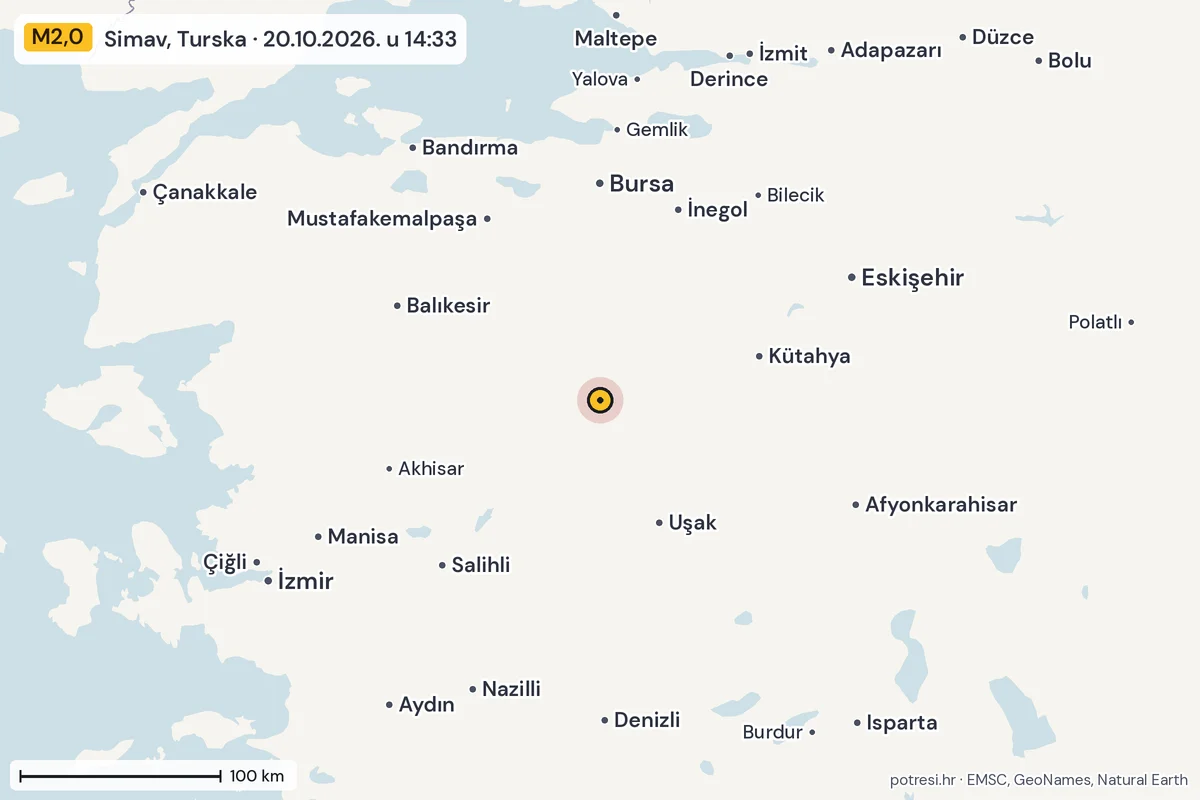 Karta: šire područje, 600 km, potres M2,0, Simav, Turska, 20.10.2026.