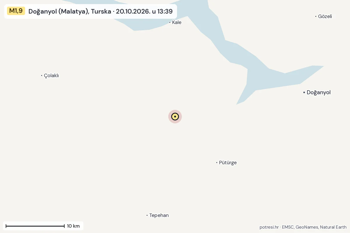 Karta: okolica epicentra, 60 km, potres M1,9, Doğanyol (Malatya), Turska, 20.10.2026.