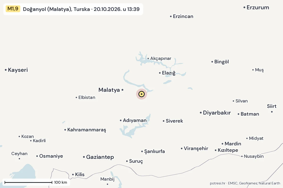 Karta: šire područje, 600 km, potres M1,9, Doğanyol (Malatya), Turska, 20.10.2026.