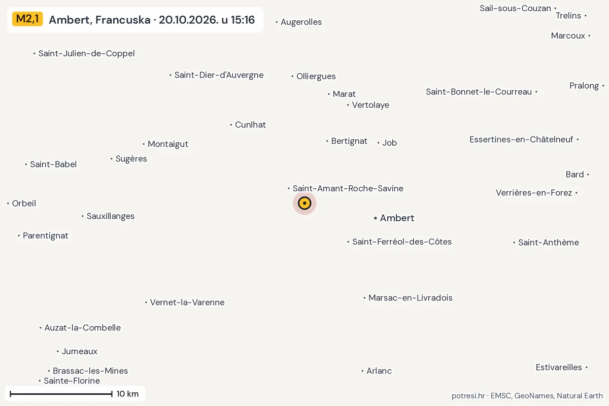 Karta: okolica epicentra, 60 km, potres M2,1, Ambert, Francuska, 20.10.2026.