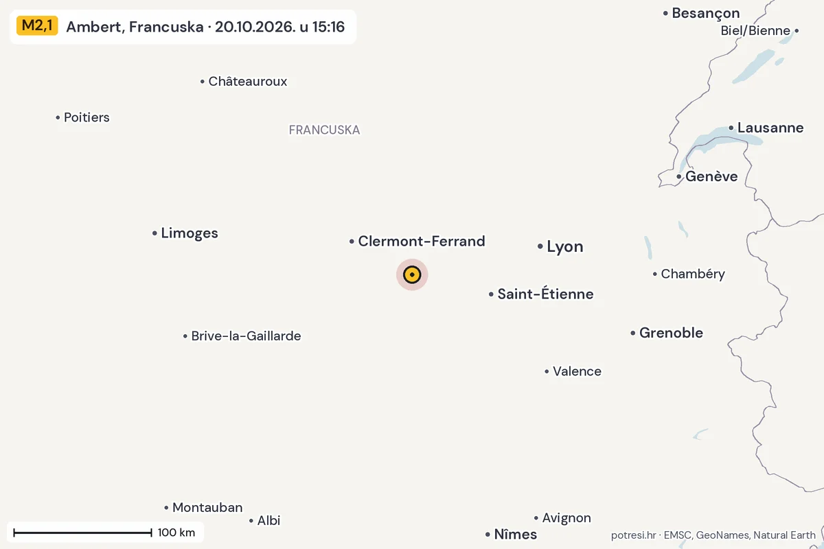 Karta: šire područje, 600 km, potres M2,1, Ambert, Francuska, 20.10.2026.