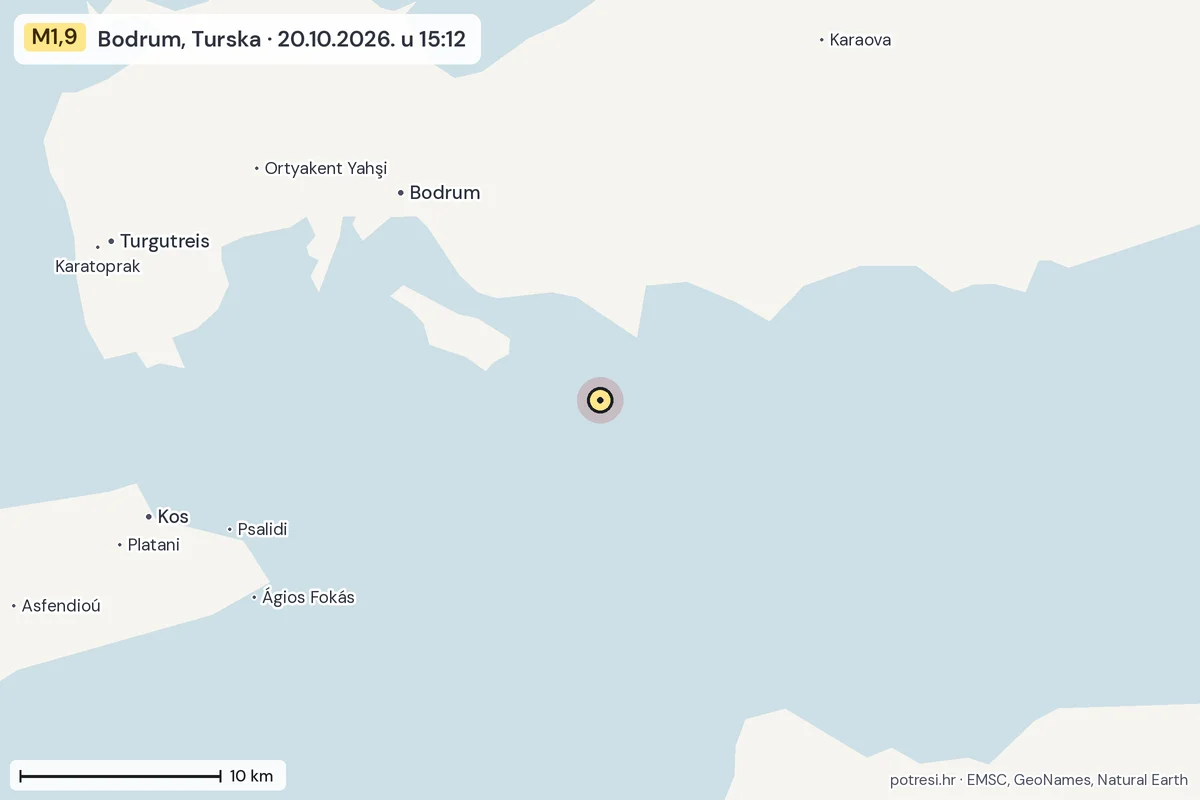Karta: okolica epicentra, 60 km, potres M1,9, Bodrum, Turska, 20.10.2026.