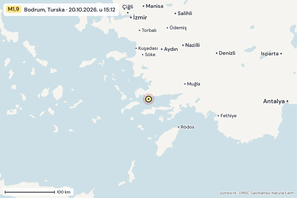 Karta: šire područje, 600 km, potres M1,9, Bodrum, Turska, 20.10.2026.