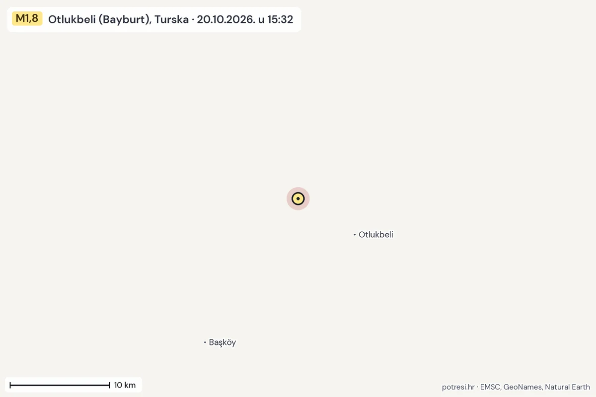 Karta: okolica epicentra, 60 km, potres M1,8, Otlukbeli (Bayburt), Turska, 20.10.2026.