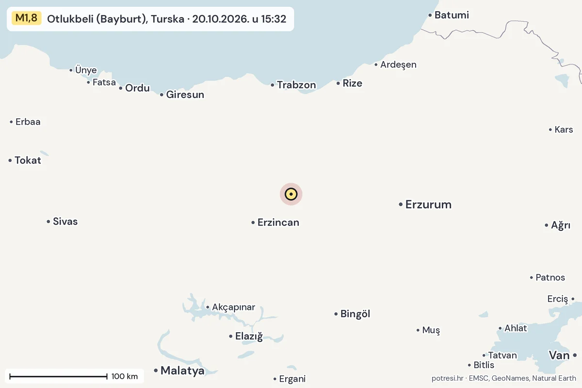 Karta: šire područje, 600 km, potres M1,8, Otlukbeli (Bayburt), Turska, 20.10.2026.