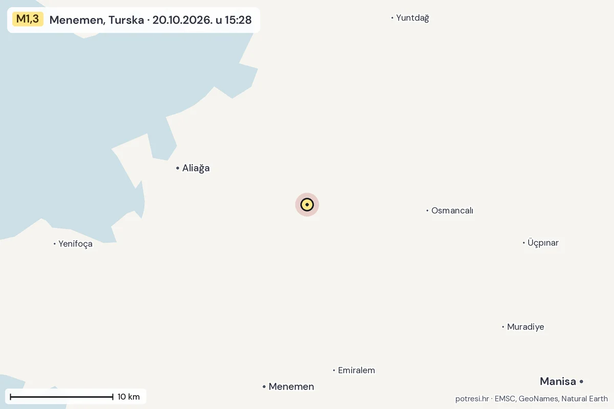 Karta: okolica epicentra, 60 km, potres M1,3, Menemen, Turska, 20.10.2026.